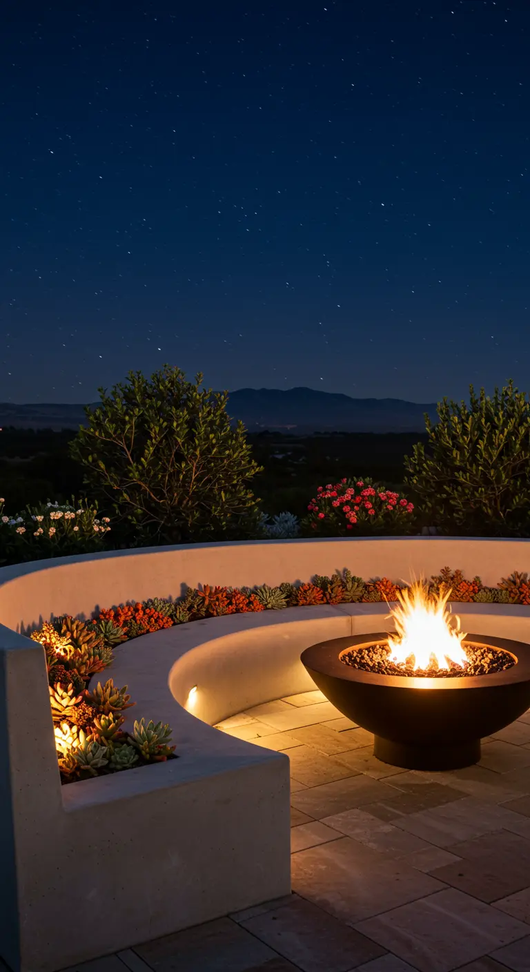 A curved concrete bench seating area around a fire pit, with succulents planted in the back.