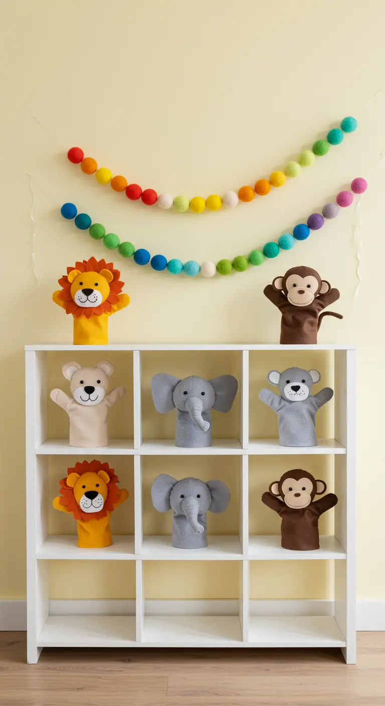 Felt animal hand puppets displayed in a white cube shelf with a colorful garland above.