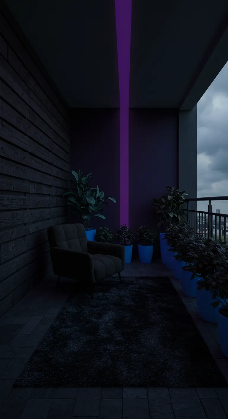 A dark balcony at night illuminated by a single vertical purple LED light strip.