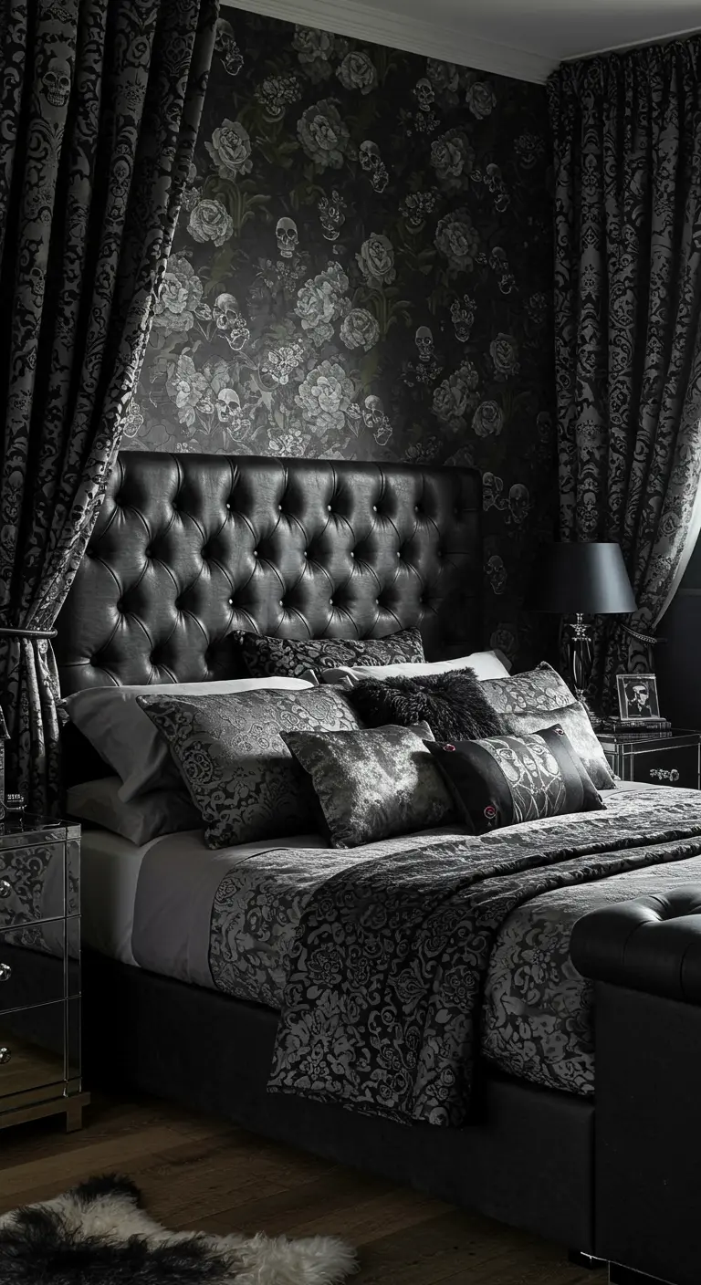 Dark bedroom with a skull and floral damask wallpaper and matching curtains.