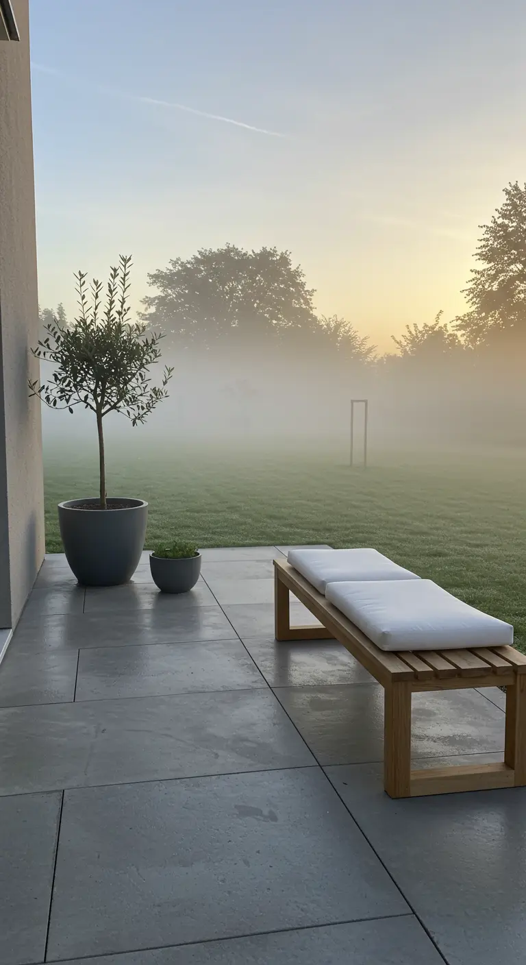 A light wood bench with white cushions on a concrete patio at sunrise.