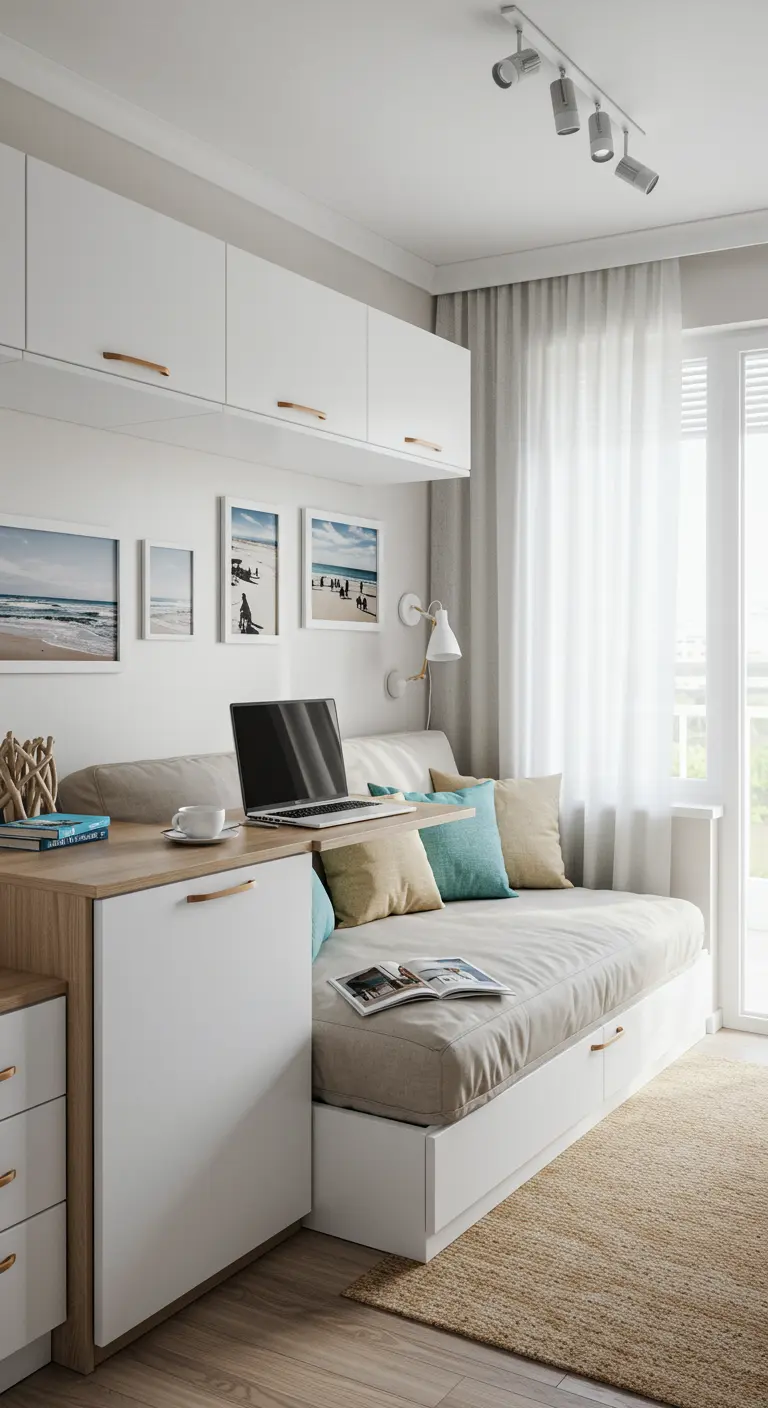 A daybed with a desk at its head, creating a separate work zone in a bright room.