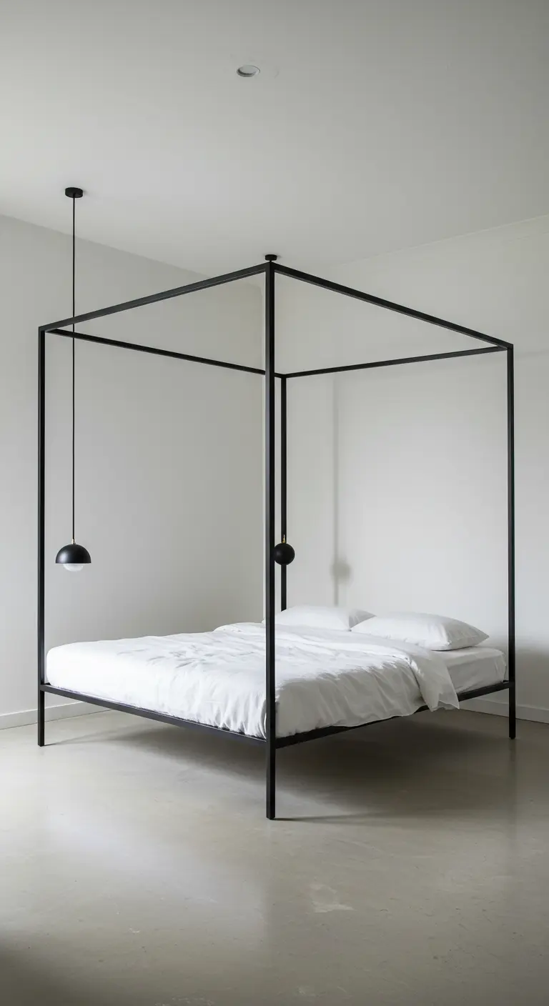 A minimalist black metal frame canopy bed with white bedding in a bare room.
