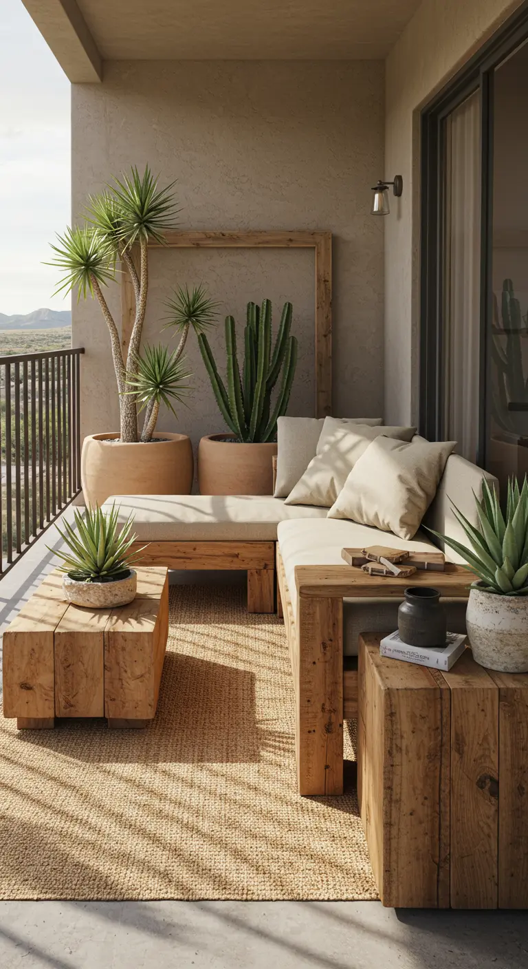 A balcony with rustic wooden furniture and a large empty frame leaning against the wall.