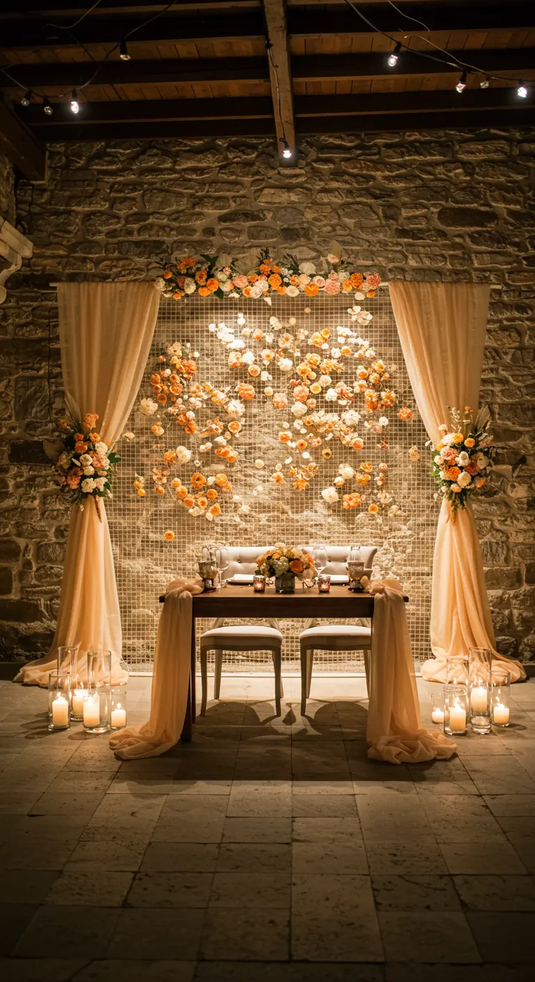 A sweetheart table in front of a stone wall with a floral grid backdrop and peach curtains.