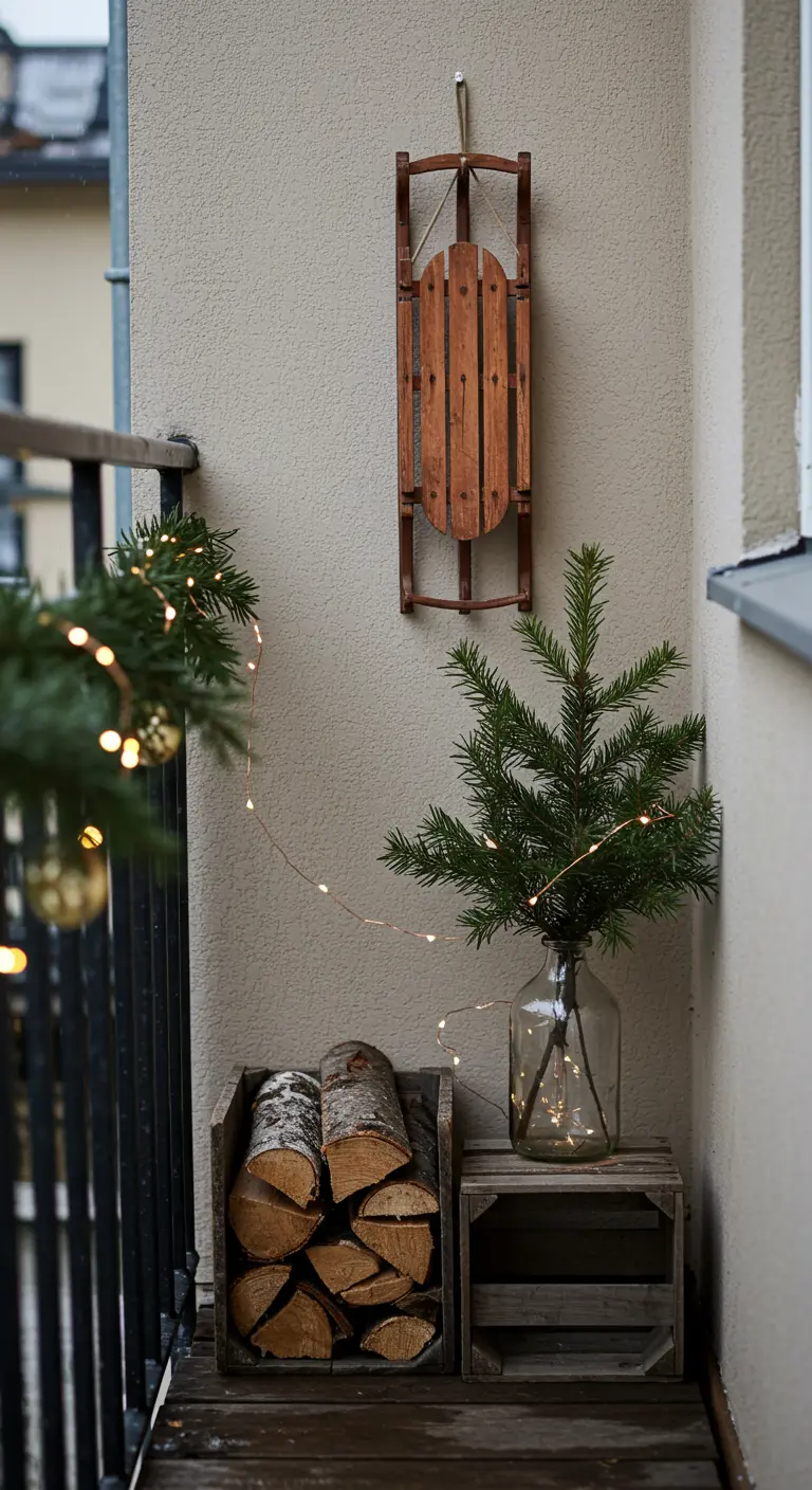 Minimalist balcony corner with a sled on the wall and pine branches in a glass bottle.