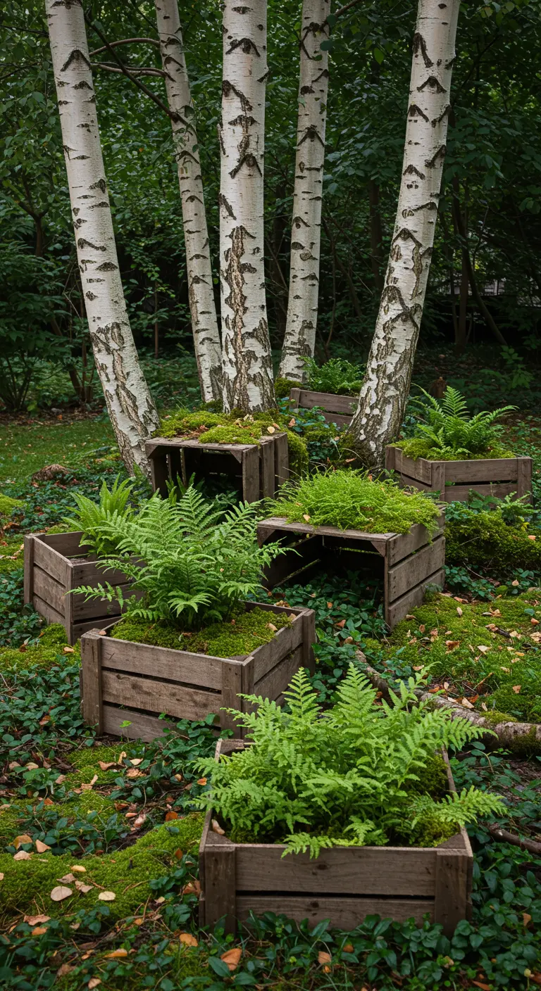 Rustic wooden crates filled with ferns scattered on a mossy forest floor among birch trees.