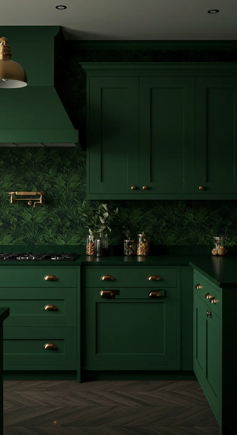 A kitchen almost entirely in forest green, with matching cabinets, wallpaper, and countertops.