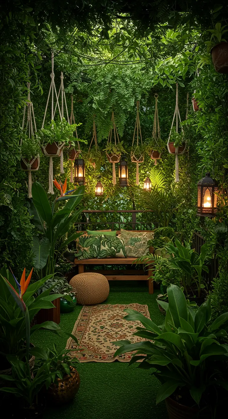 A balcony completely filled with lush green plants, creating a jungle-like canopy.