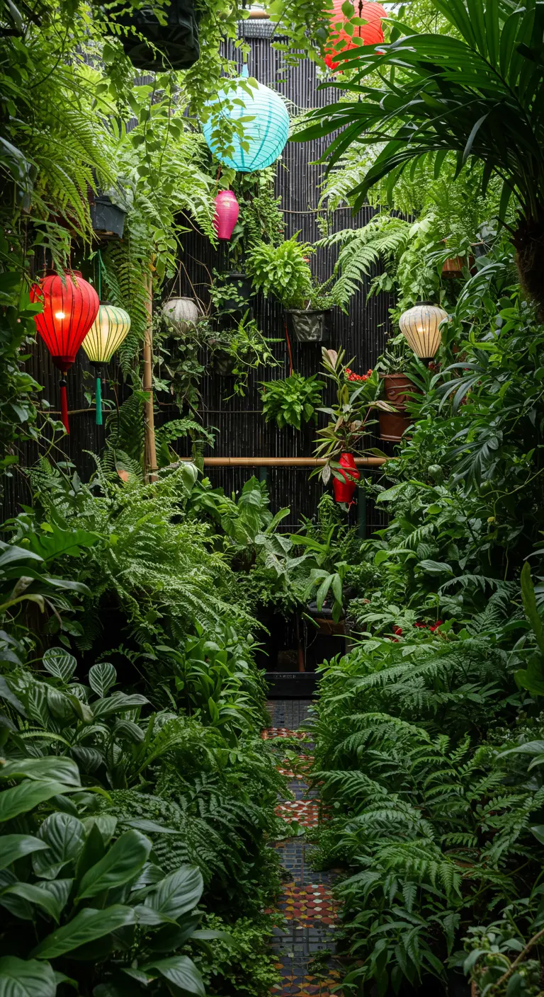 A very dense, lush balcony jungle with colorful paper lanterns hidden amongst the foliage.