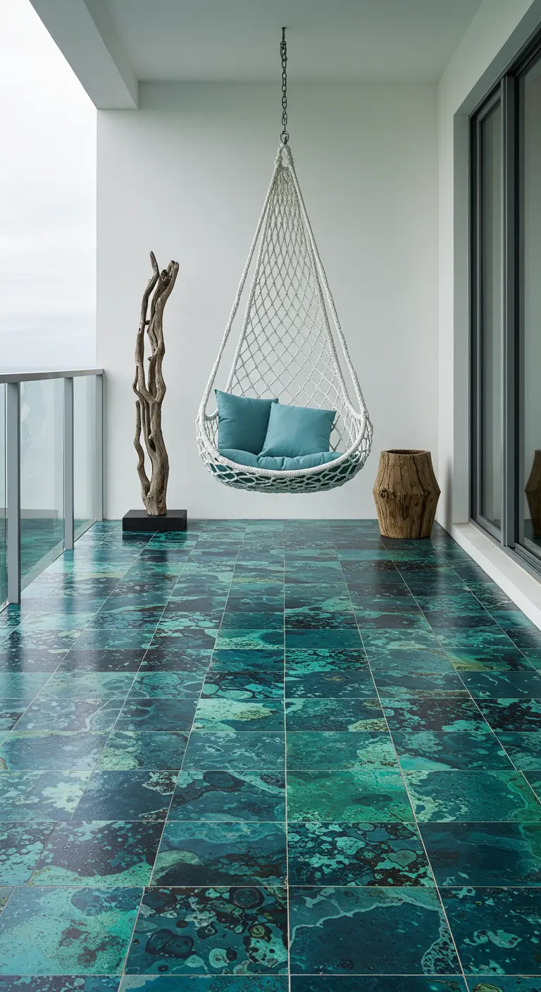 A minimalist balcony with a striking dark green and black patina-effect tiled floor and a hanging chair.