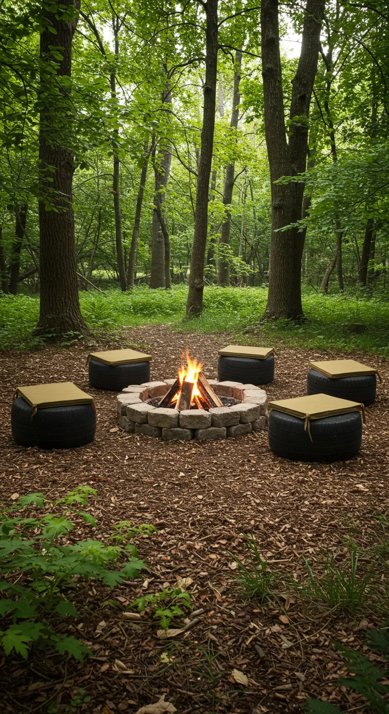 Simple fire pit in a woodland setting with unpainted tire seats on wood chips.