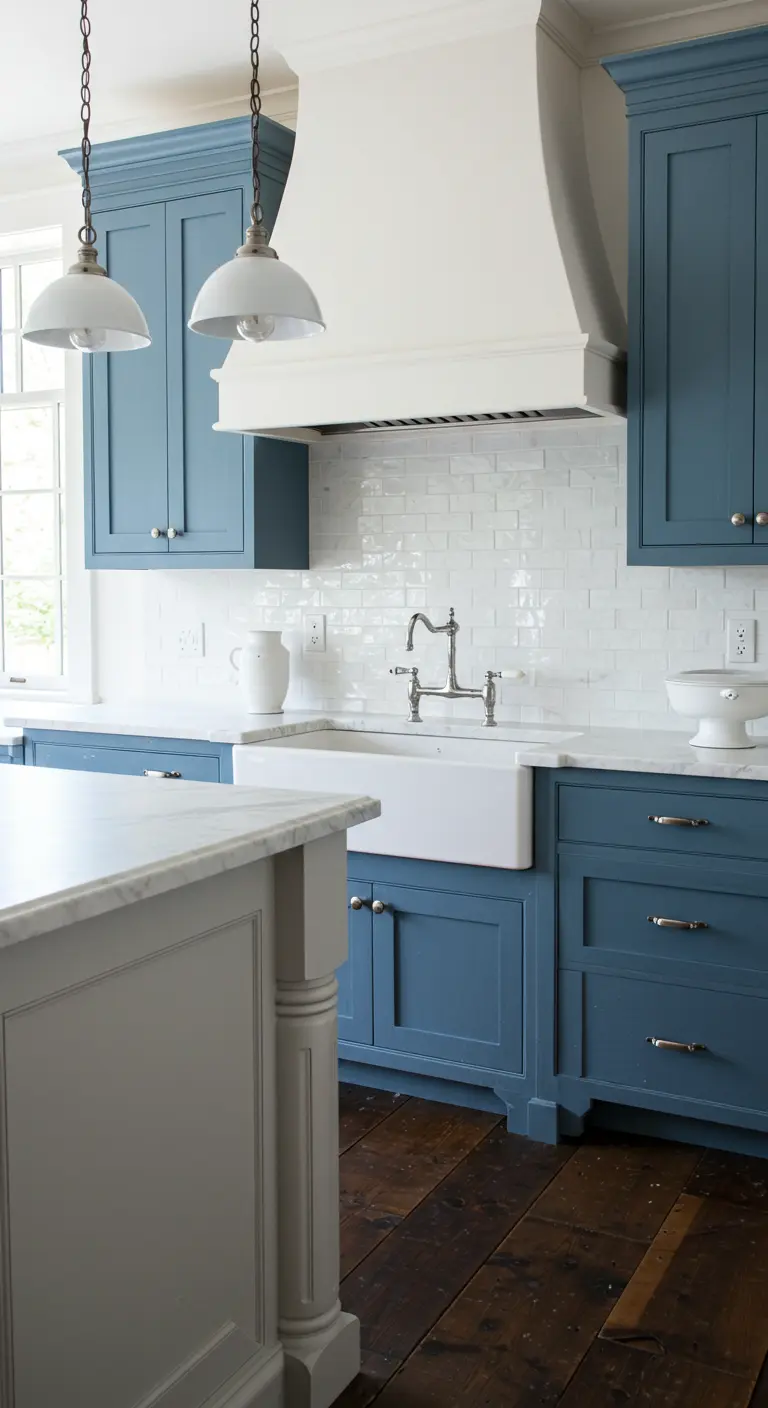 A Country French kitchen with dark blue cabinets, white countertops, and dark wide-plank wood floors.