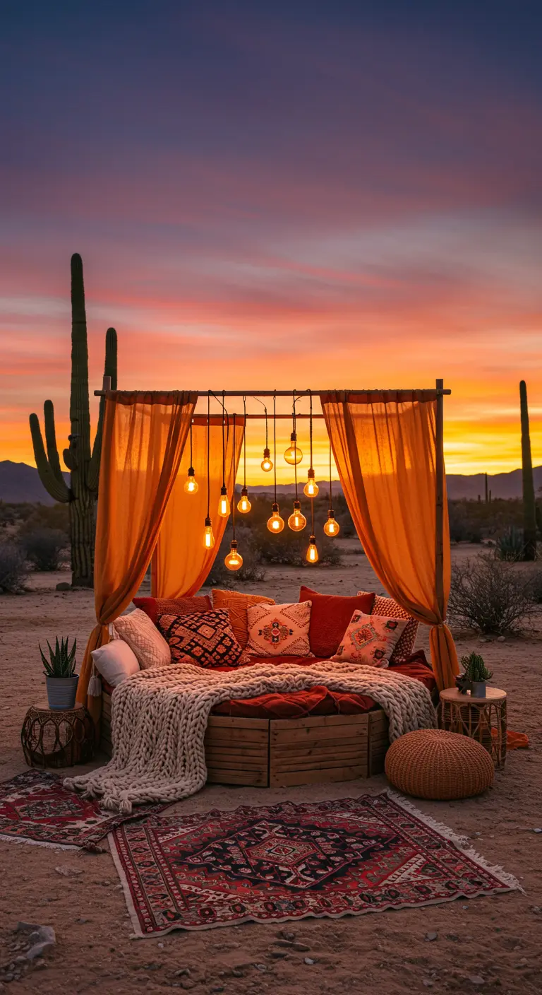 A bohemian daybed with orange curtains and layered rugs in the desert at sunset.