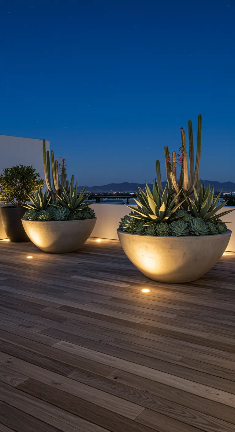 Large concrete bowl planters filled with illuminated cacti and succulents on a rooftop at night.