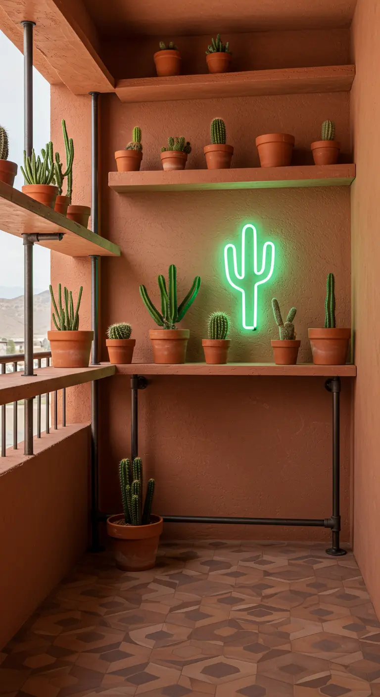 A terracotta-colored balcony bar filled with cacti and featuring a cactus-shaped neon sign.