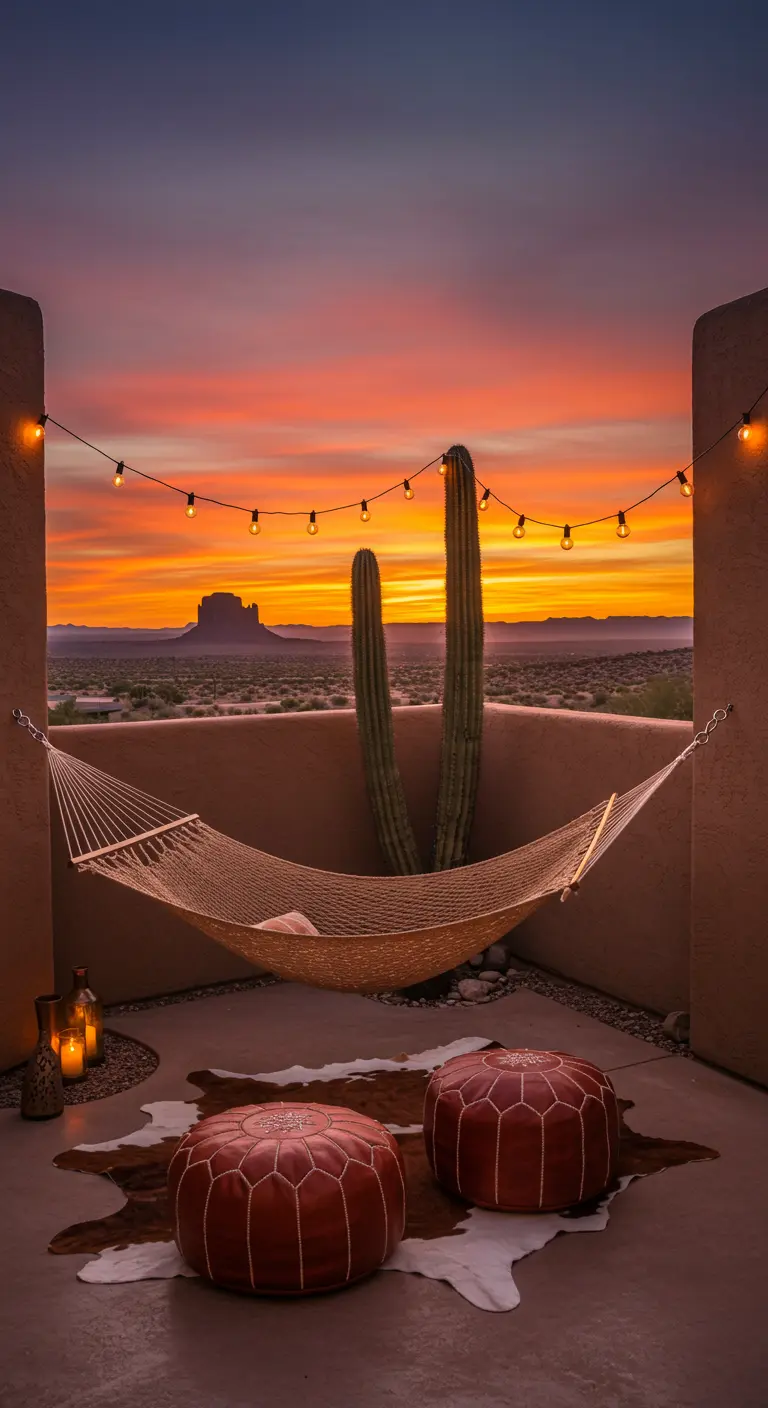 A hammock on a desert balcony with leather poufs, overlooking a dramatic sunset.