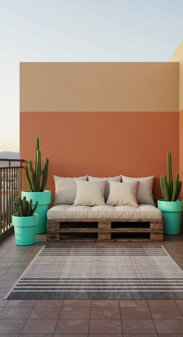 A balcony with a two-tone terracotta and beige wall, a pallet sofa, and potted cacti.