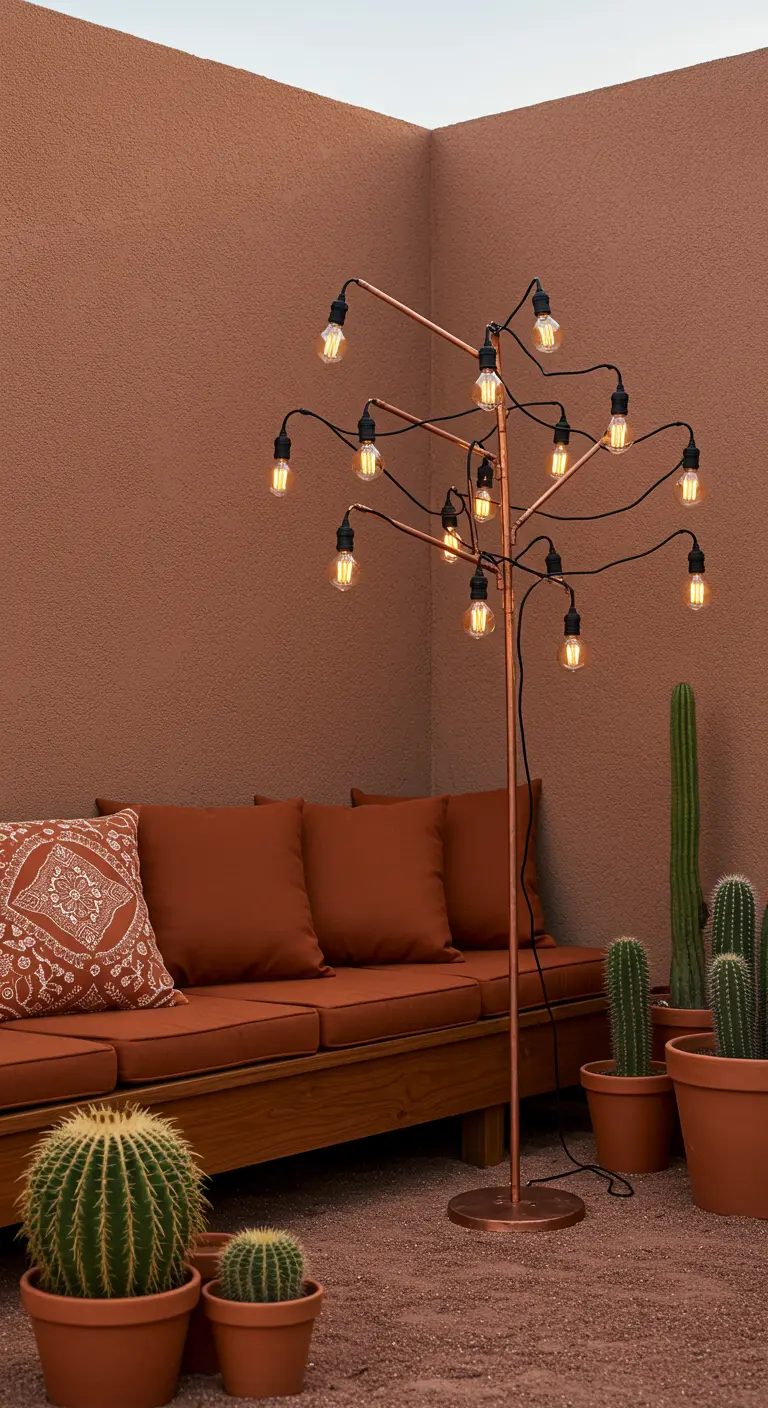 A freestanding, tree-shaped sculpture made of copper pipes with string lights as leaves.