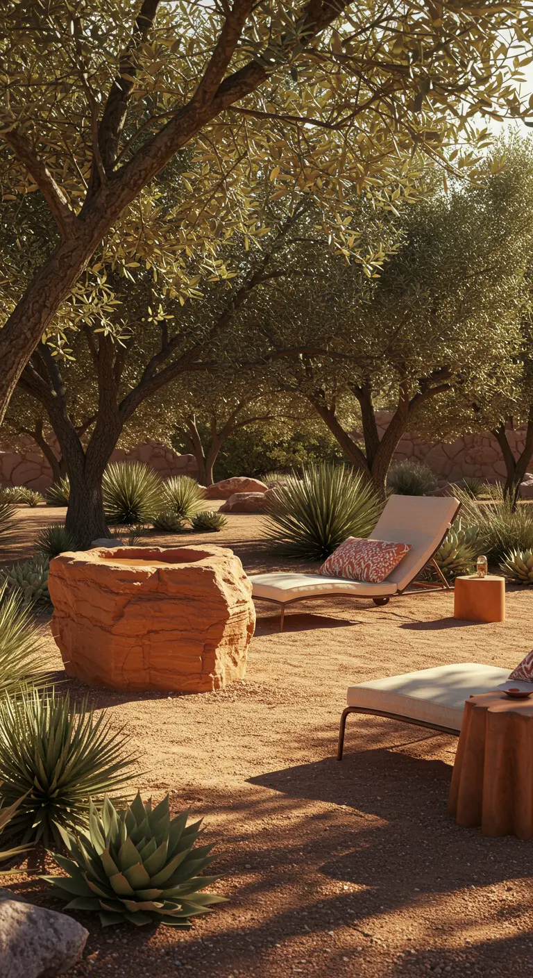 A desert garden with a large red rock water feature, loungers, and succulent plants.