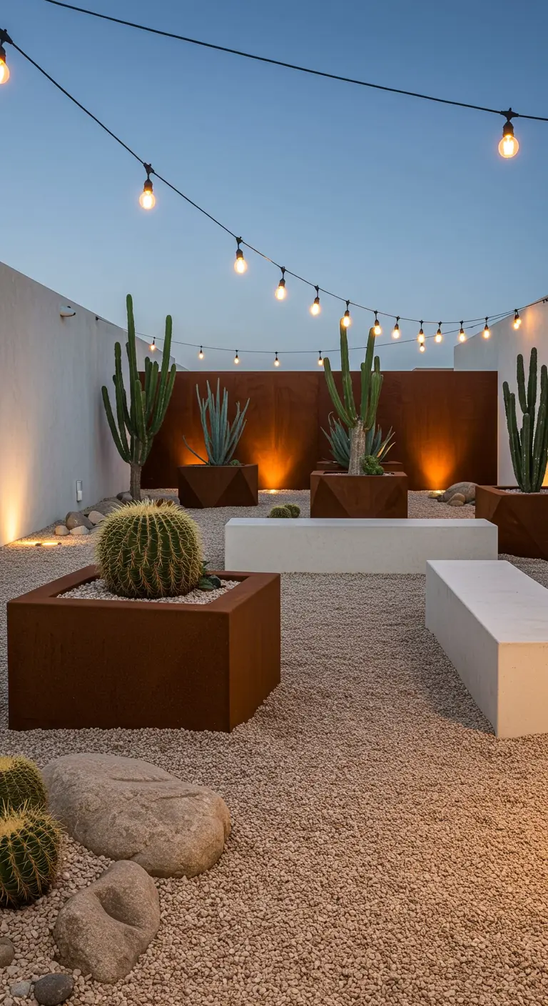 A desert-style garden with cacti in Corten steel planters and white concrete benches.
