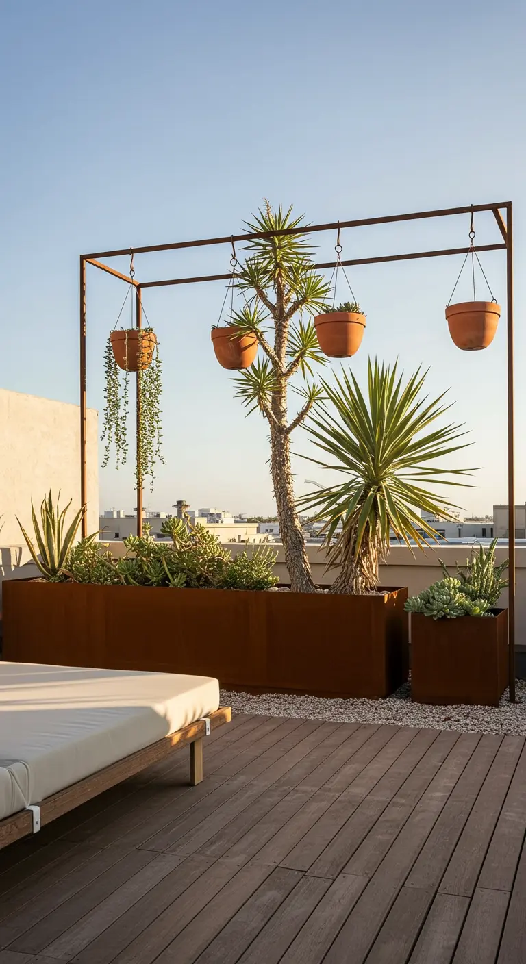 Modern desert-style rooftop with a metal frame, Corten steel planters, and yucca plants.