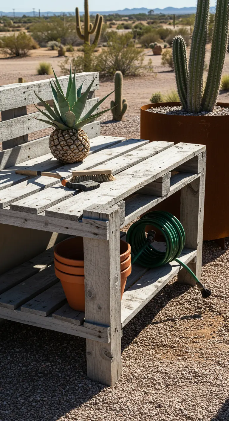 A whitewashed pallet bench in a desert garden, displaying an agave next to a large rusty steel planter.