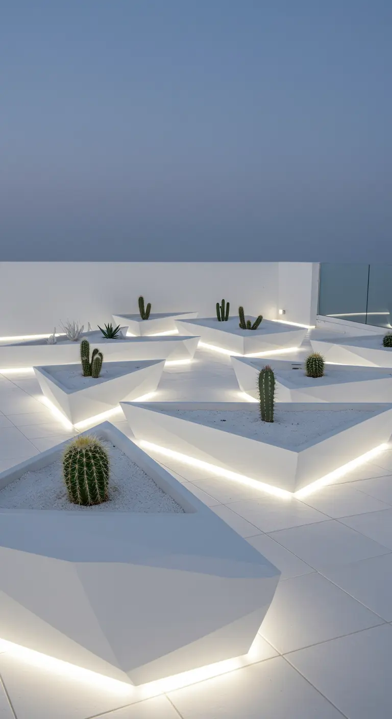 A bright white terrace with large, geometric white planters holding cacti, underlit with LEDs.