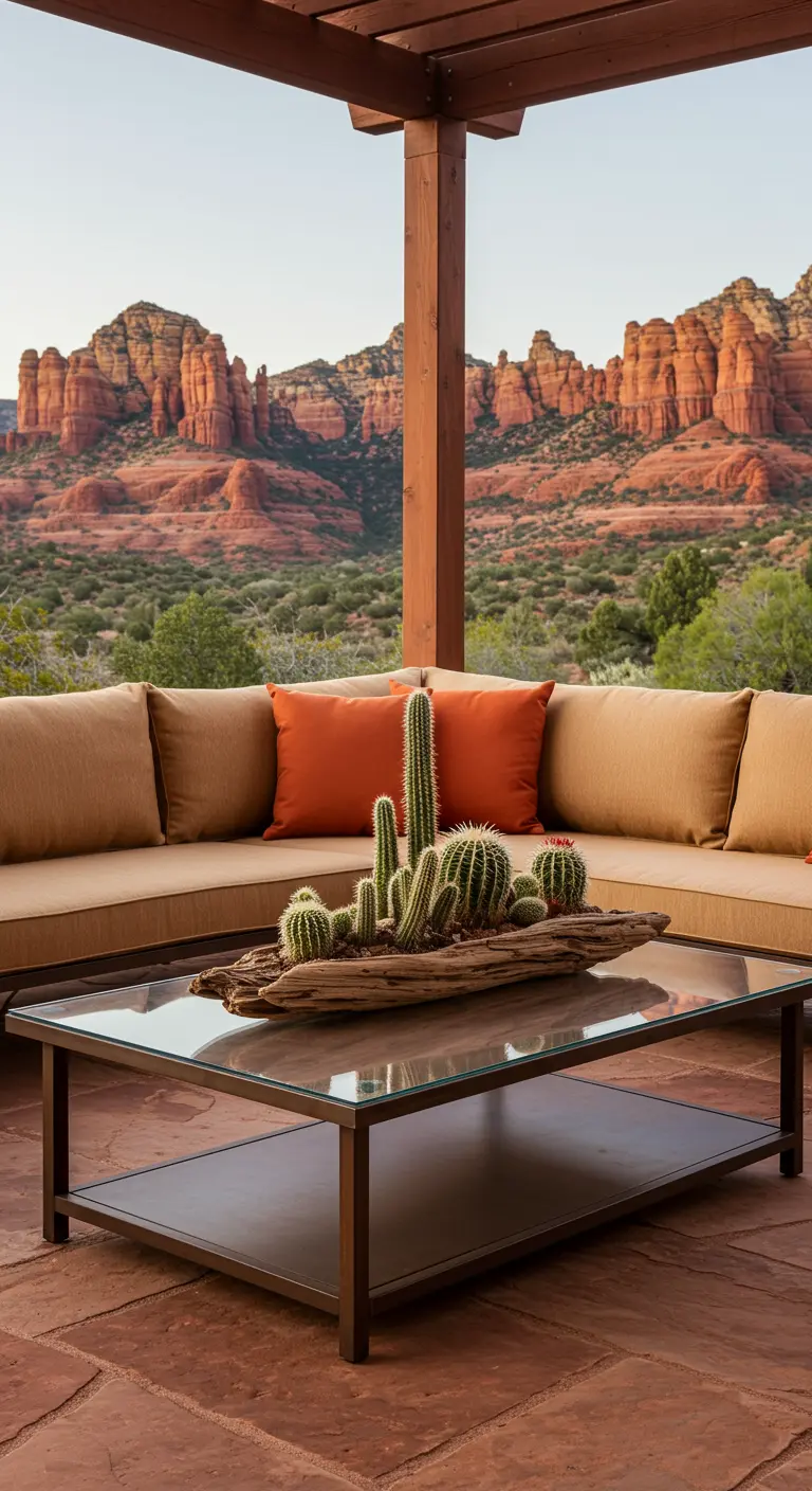 A patio overlooking a desert landscape, with a driftwood planter of cacti on the coffee table.