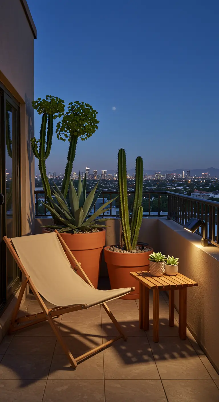 A high-rise balcony with large cacti in terracotta pots against a city skyline.