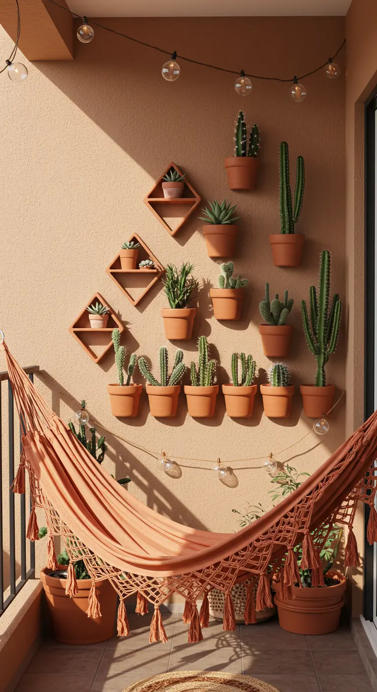 A sunny balcony with a terracotta wall, geometric shelves of cacti, and a matching hammock.
