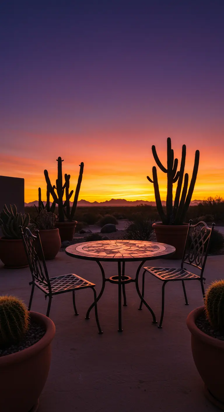 Wrought-iron bistro set with an earth-toned mosaic table on a patio at sunset with cacti.