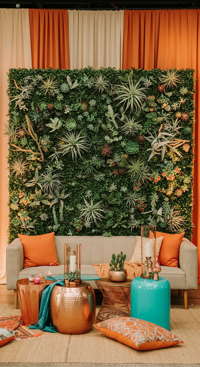 A lounge area featuring a vibrant wall of succulents and air plants, with warm desert-toned decor.