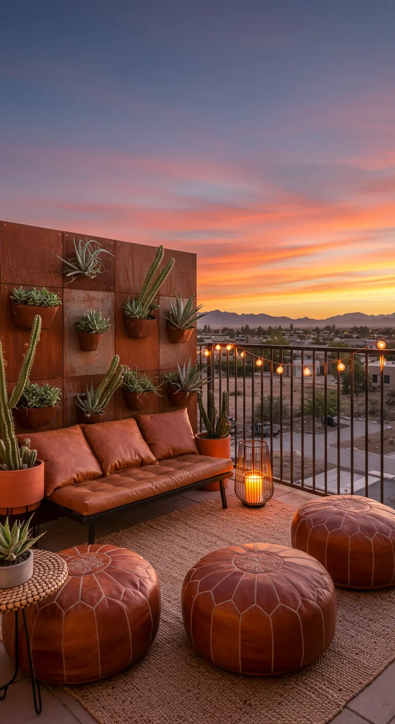 A desert-themed balcony with a rusty metal wall, cacti, and leather seating at sunset.