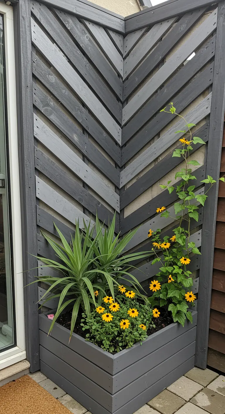 A corner pallet screen with wood slats arranged in a gray and charcoal chevron pattern.