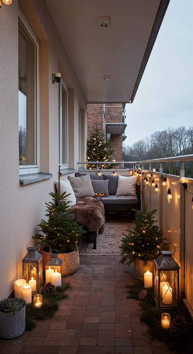 A long balcony with a cozy seating area at the end, decorated with trees and lanterns.