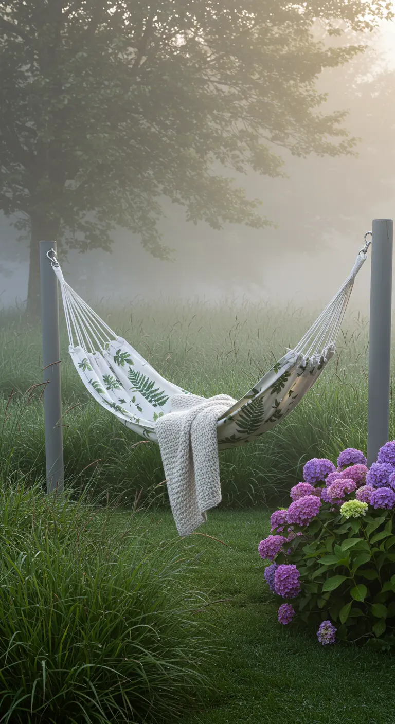 A fern-print hammock with a knit blanket, hanging in a misty green garden near purple hydrangeas.