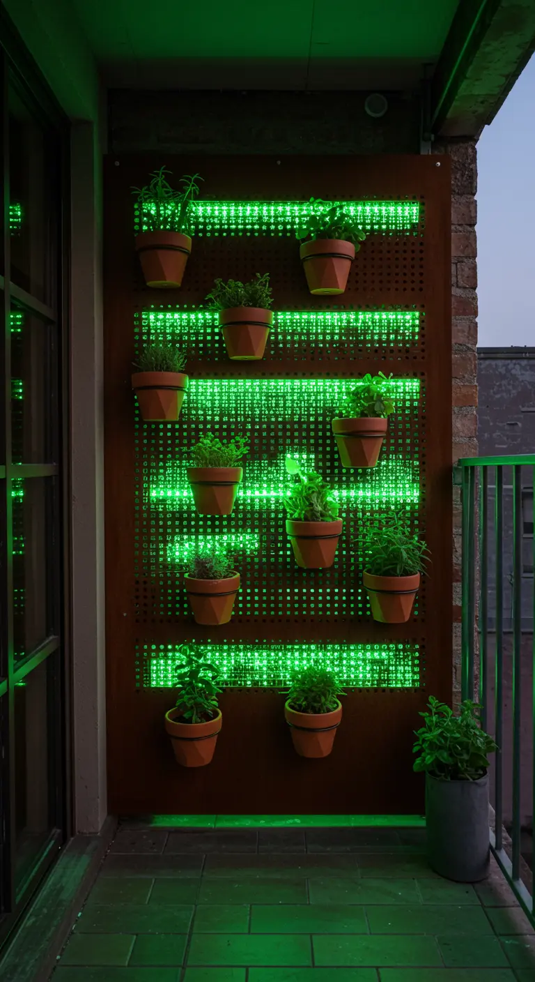 A vertical herb garden on a perforated metal screen, backlit with green pixelated LED lights.
