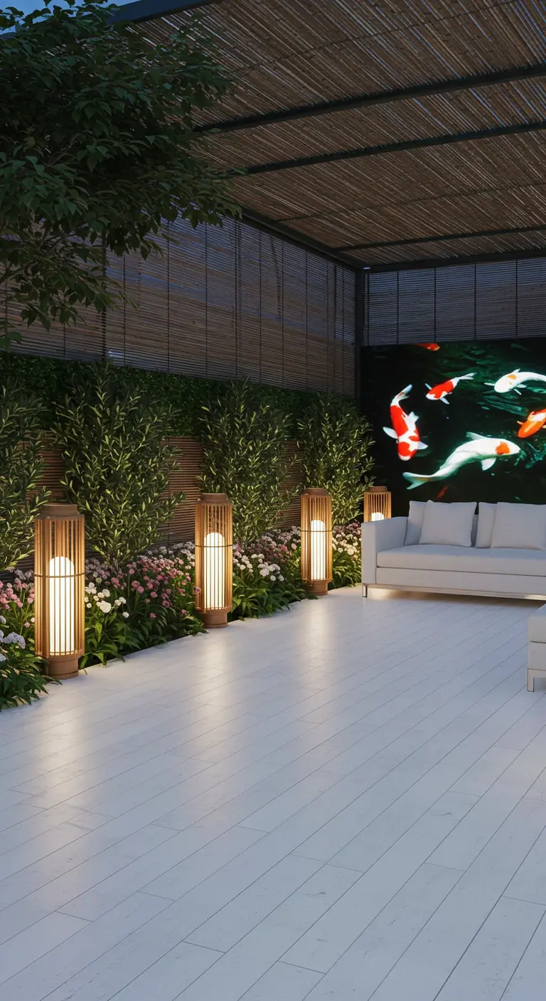Modern patio with an outdoor screen showing koi fish, surrounded by bamboo-style lanterns.