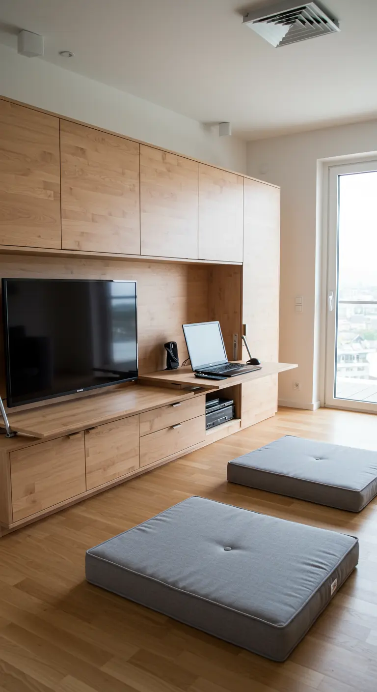 A wooden media unit with a laptop placed on a slide-out desk shelf.