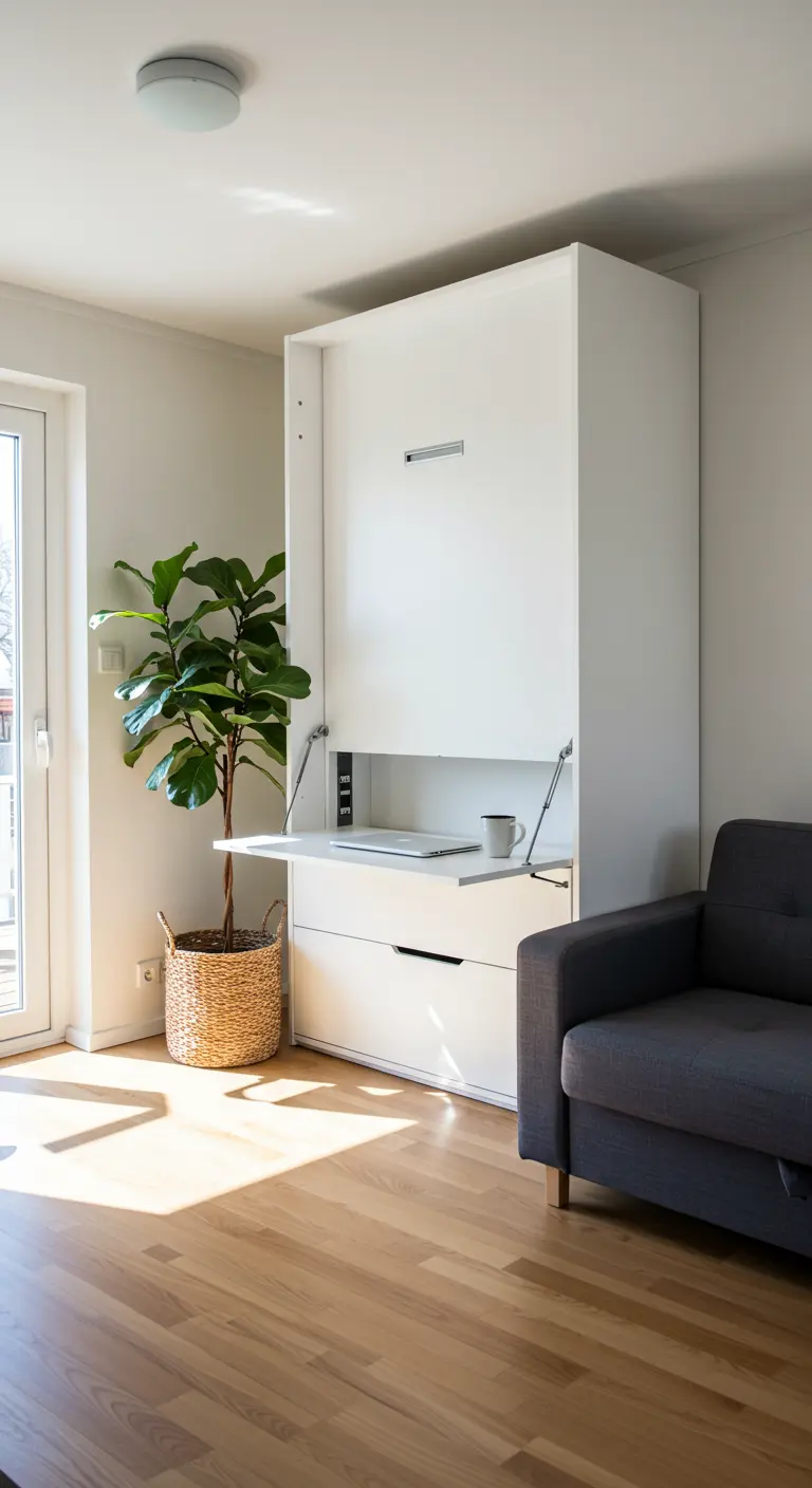A white Murphy bed unit with a fold-down desk next to a large plant.