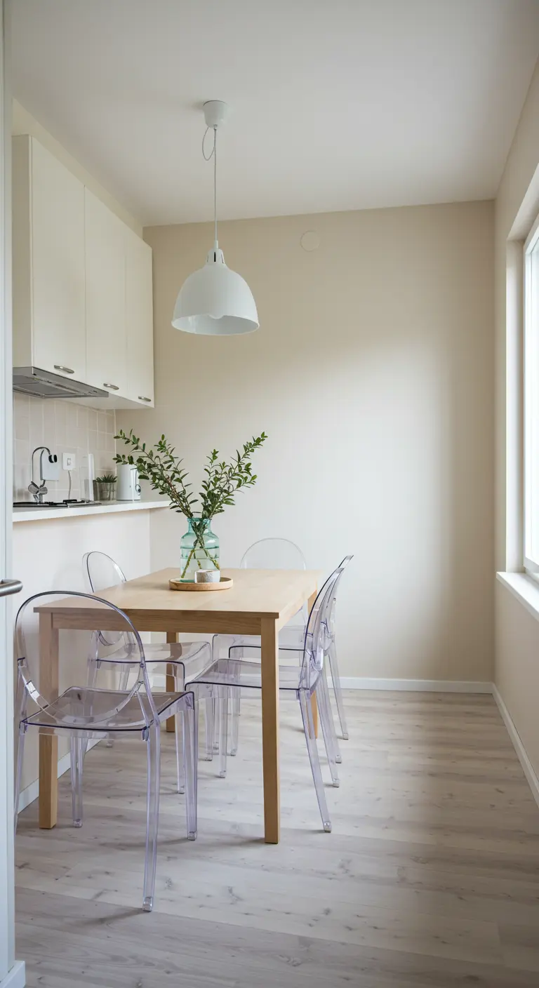 A wood dining table surrounded by transparent acrylic