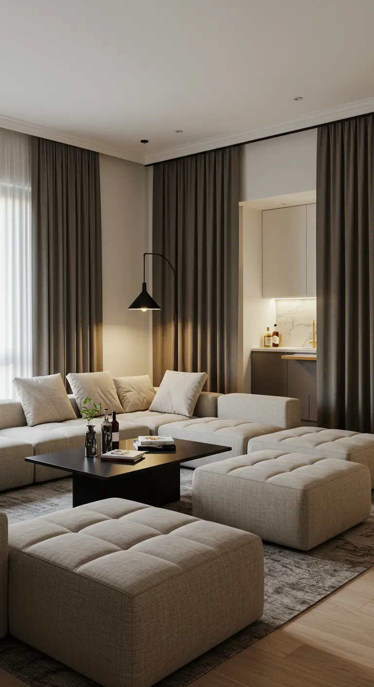 A sophisticated living area with modular ottomans and dark curtains hiding a kitchenette.
