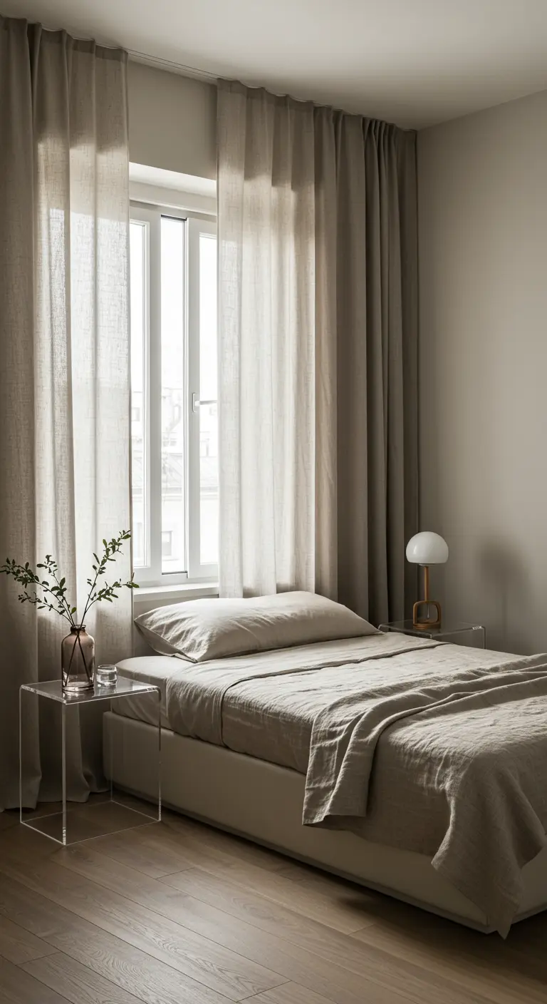 A calm, neutral bedroom with an acrylic side table next to the bed.