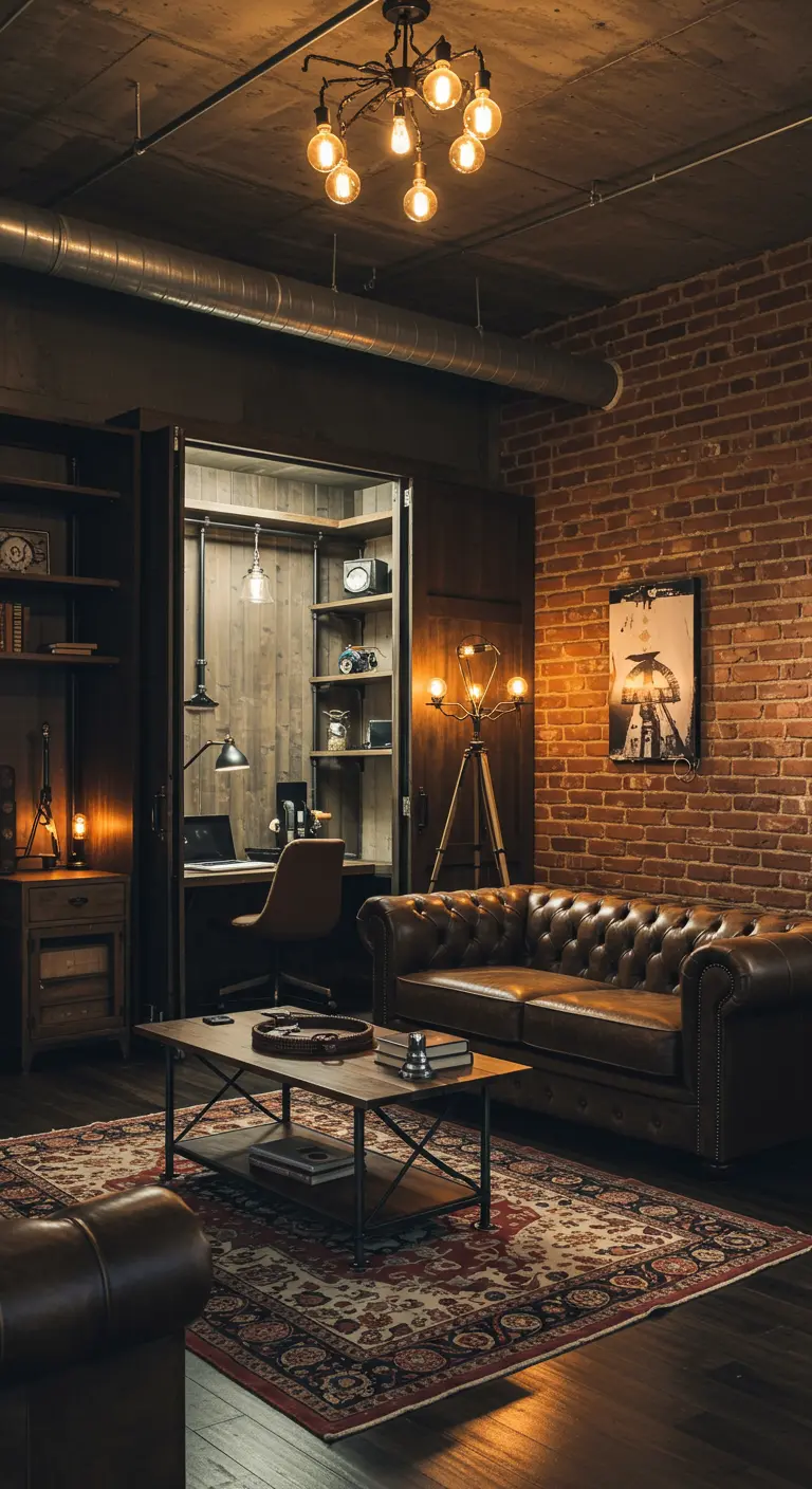 An industrial living room with a leather sofa and a large wooden armoire opened to reveal a desk.