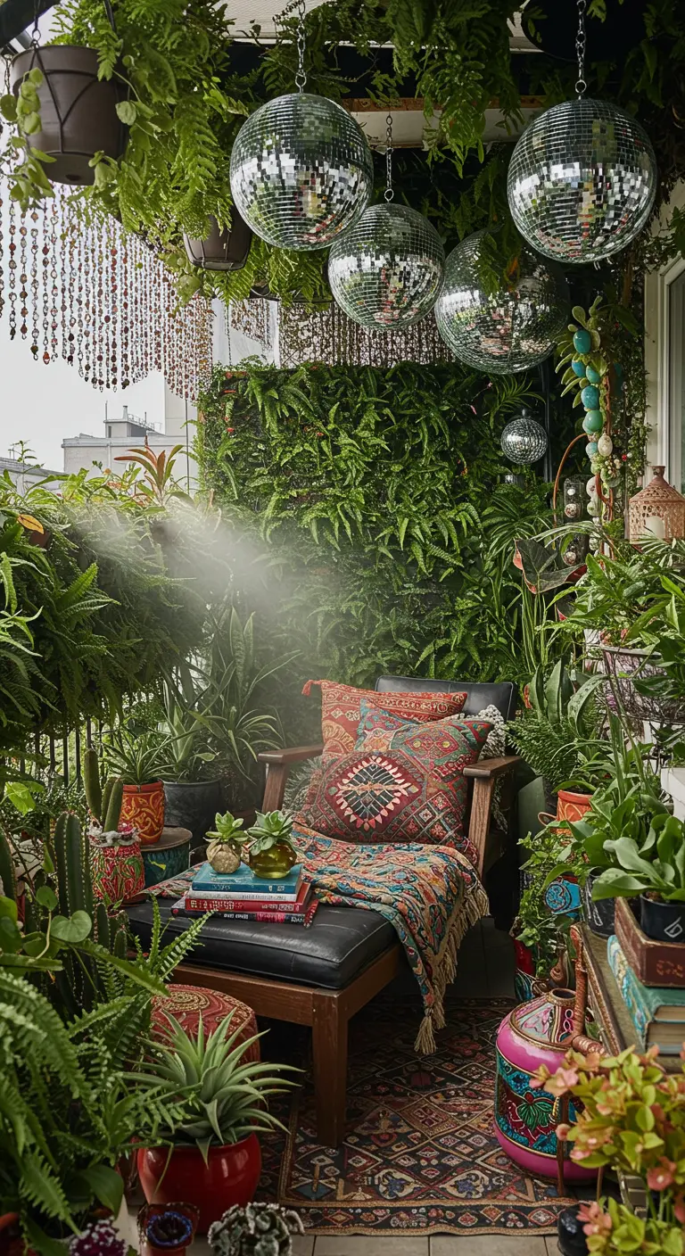 A bohemian balcony filled with plants, patterned textiles, and hanging disco balls.