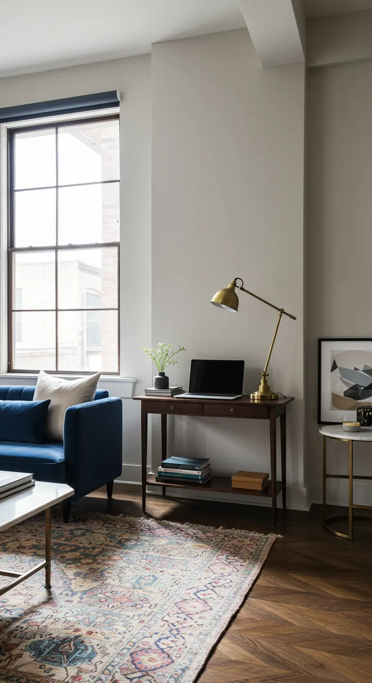 A slim, dark wood console table used as a desk beside a navy blue sofa in a bright living room.
