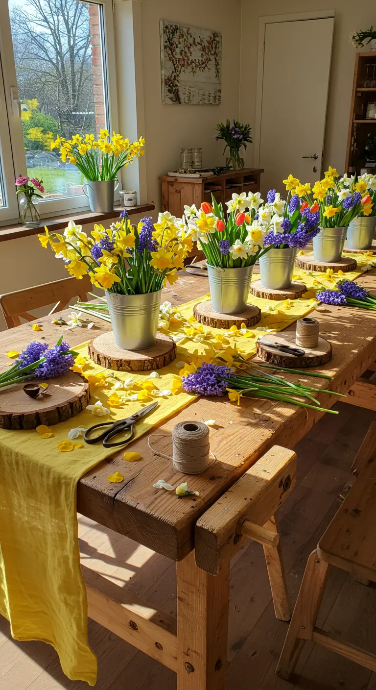 A workshop table with a yellow runner, buckets of flowers, and twine for arranging.