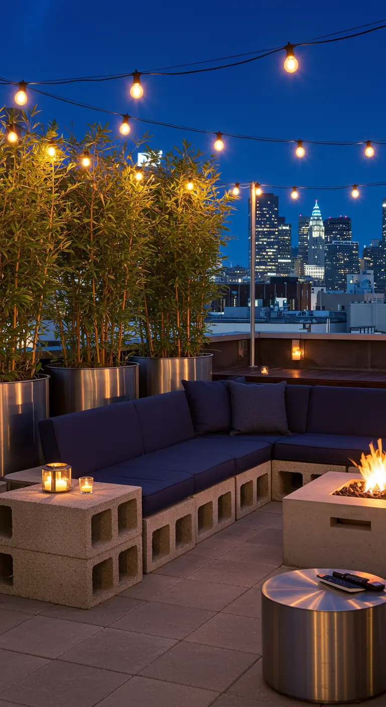 A rooftop lounge with a sofa made from cinder blocks and a concrete fire pit.
