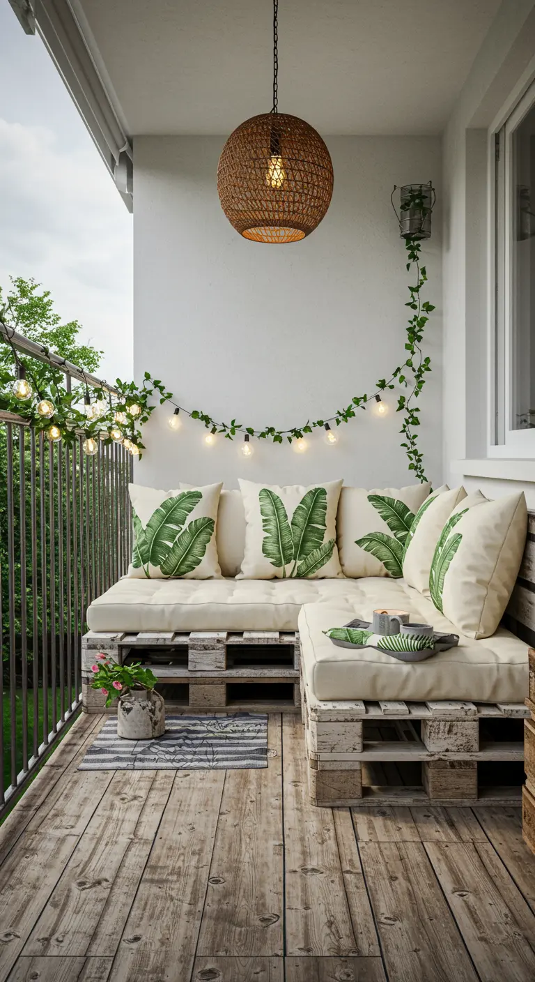 A cozy L-shaped sofa made from wooden pallets on a balcony.